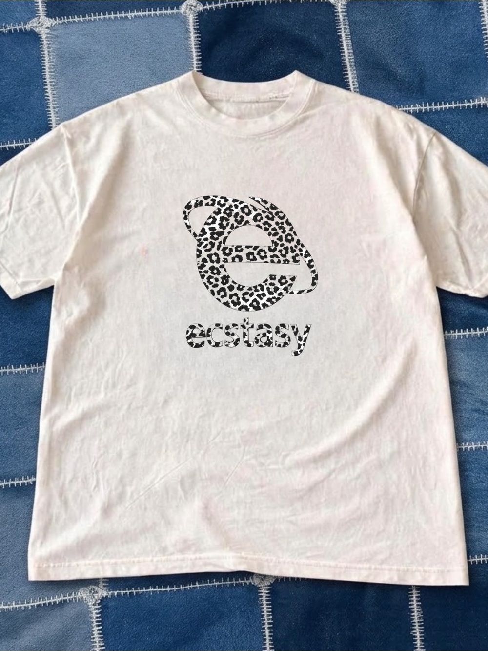 White Graphic Tee with Leopard 'ecstasy' Logo